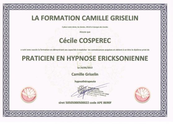 Praticien en hypnose. (Formation Griselin)